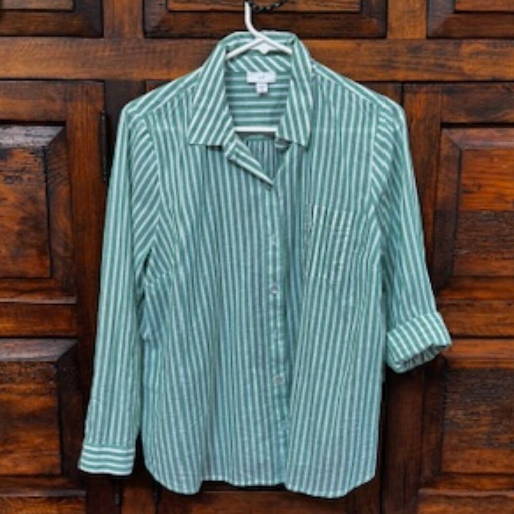 J Jill - Green & White Striped Button Down - EUC - Size Small Petite